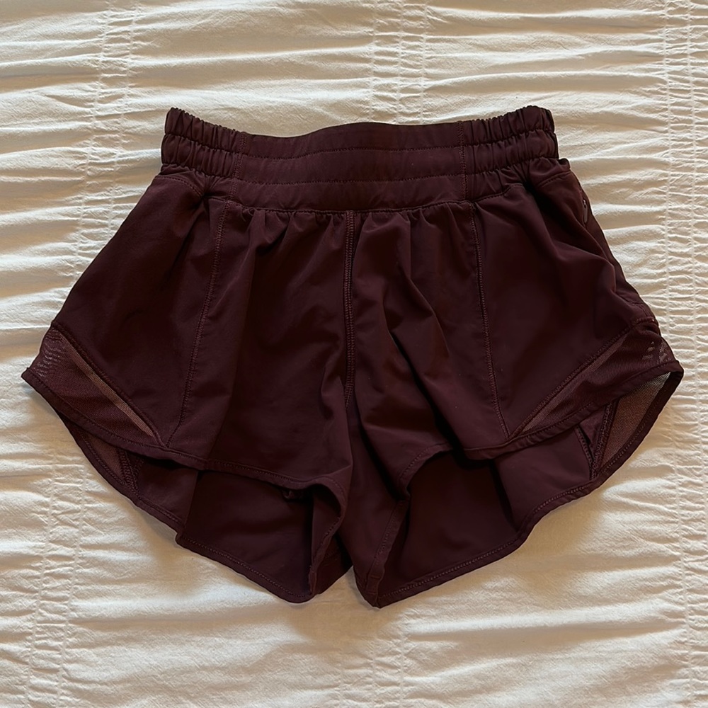 Burgundy Lululemon Hotty Hot 2.5 inch inseam shorts